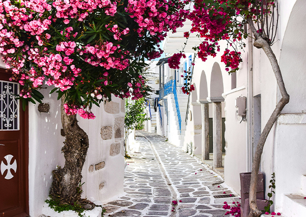 Mykonos en las Islas Griegas, Grecia, con casas blancas y molinos de viento